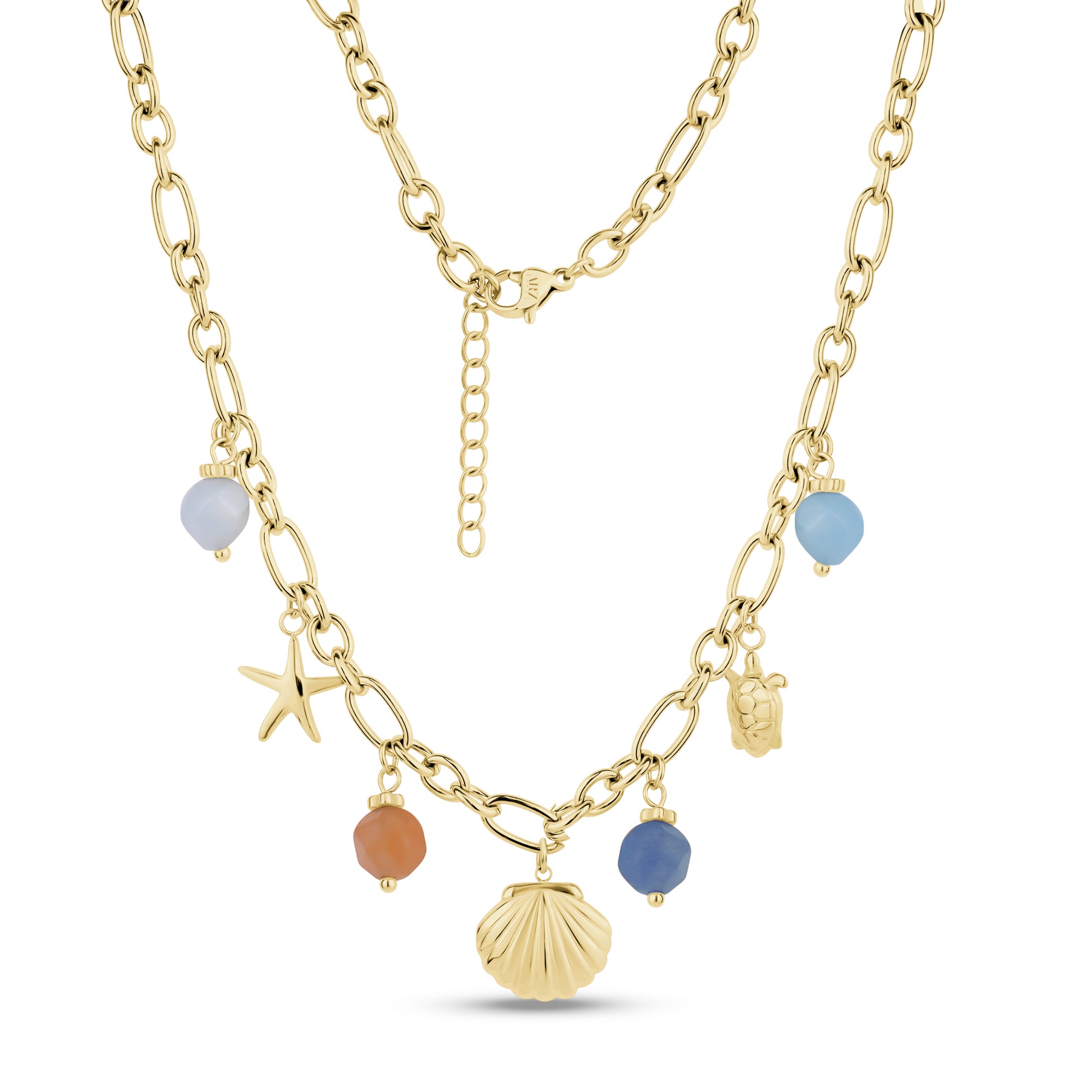 Gold stainless steel tropical charm necklace with starfish, seashell, turtle charms, and colorful beads on 5mm links