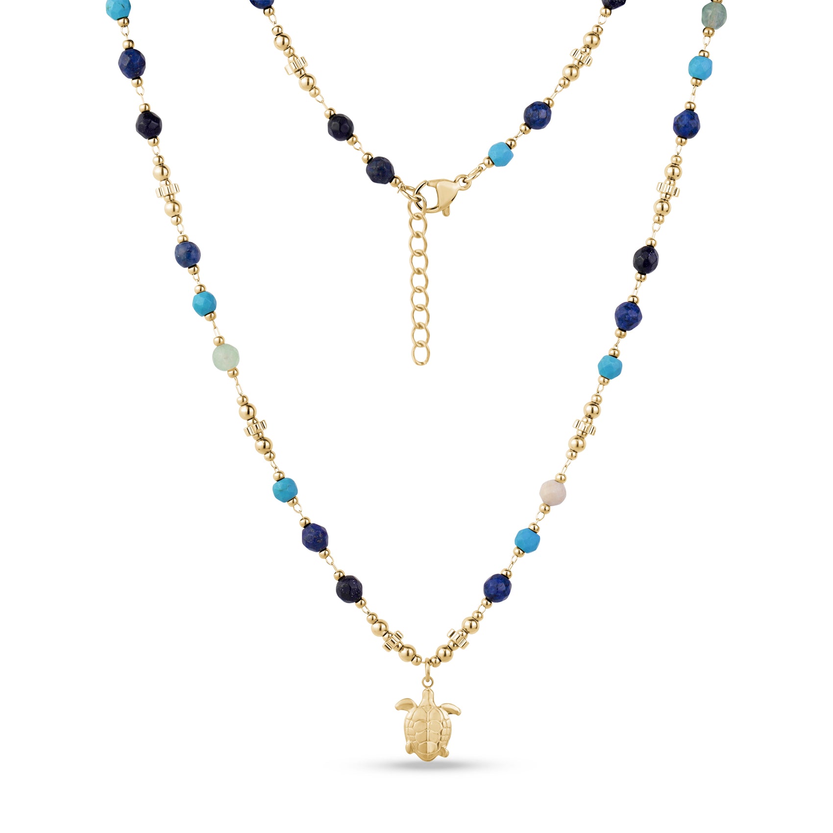 Gold stainless steel turtle bead necklace with colorful 4.5mm beads and adjustable chain