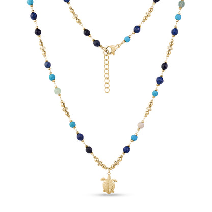 Gold stainless steel turtle bead necklace with colorful 4.5mm beads and adjustable chain