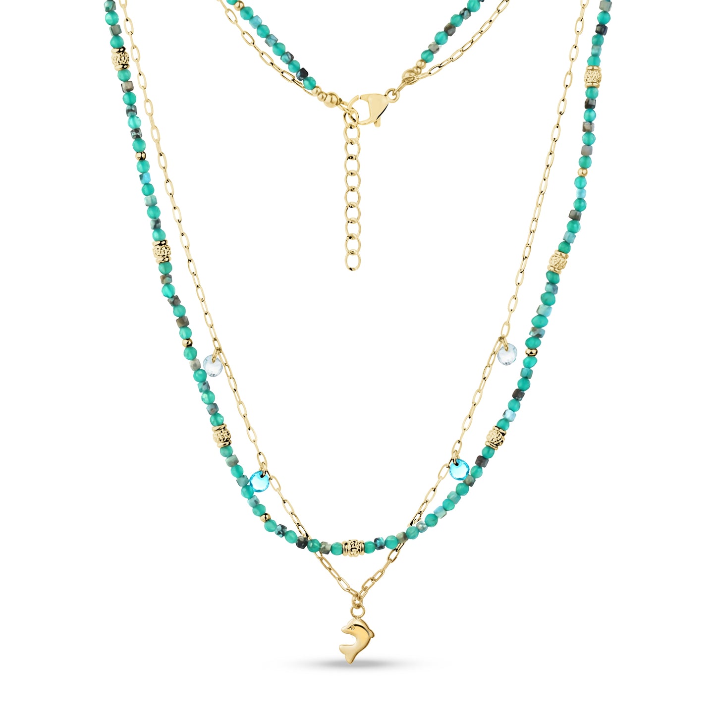 Dauphin tropical necklace with turquoise glass beads, gold stainless steel chain, and dolphin pendant.