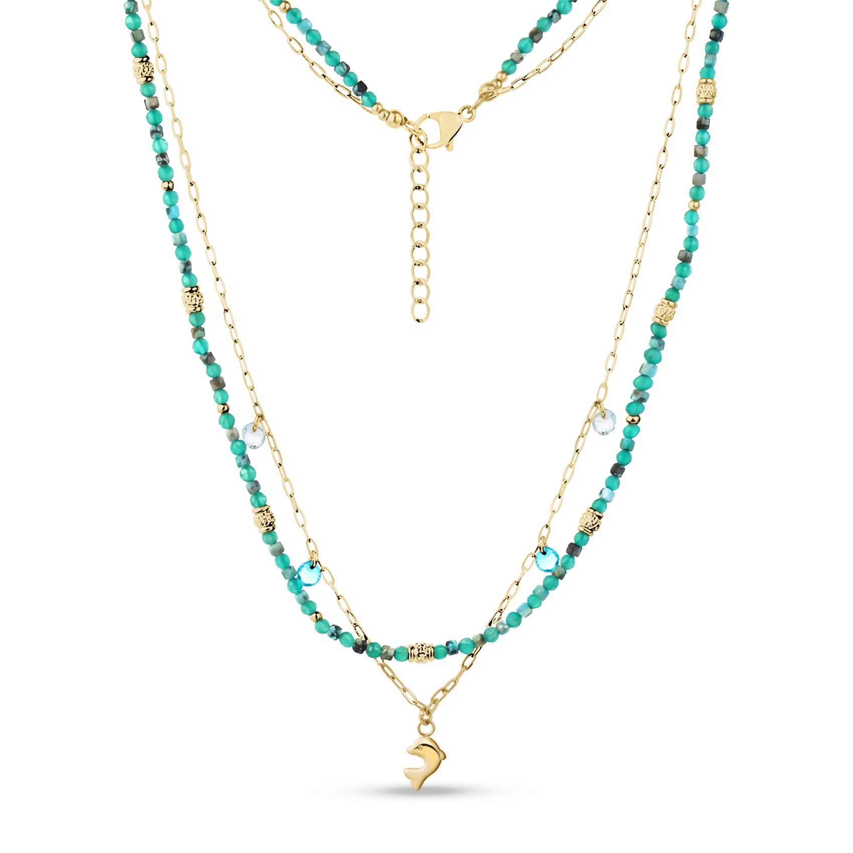 Dauphin tropical necklace with turquoise glass beads, gold stainless steel chain, and dolphin pendant.