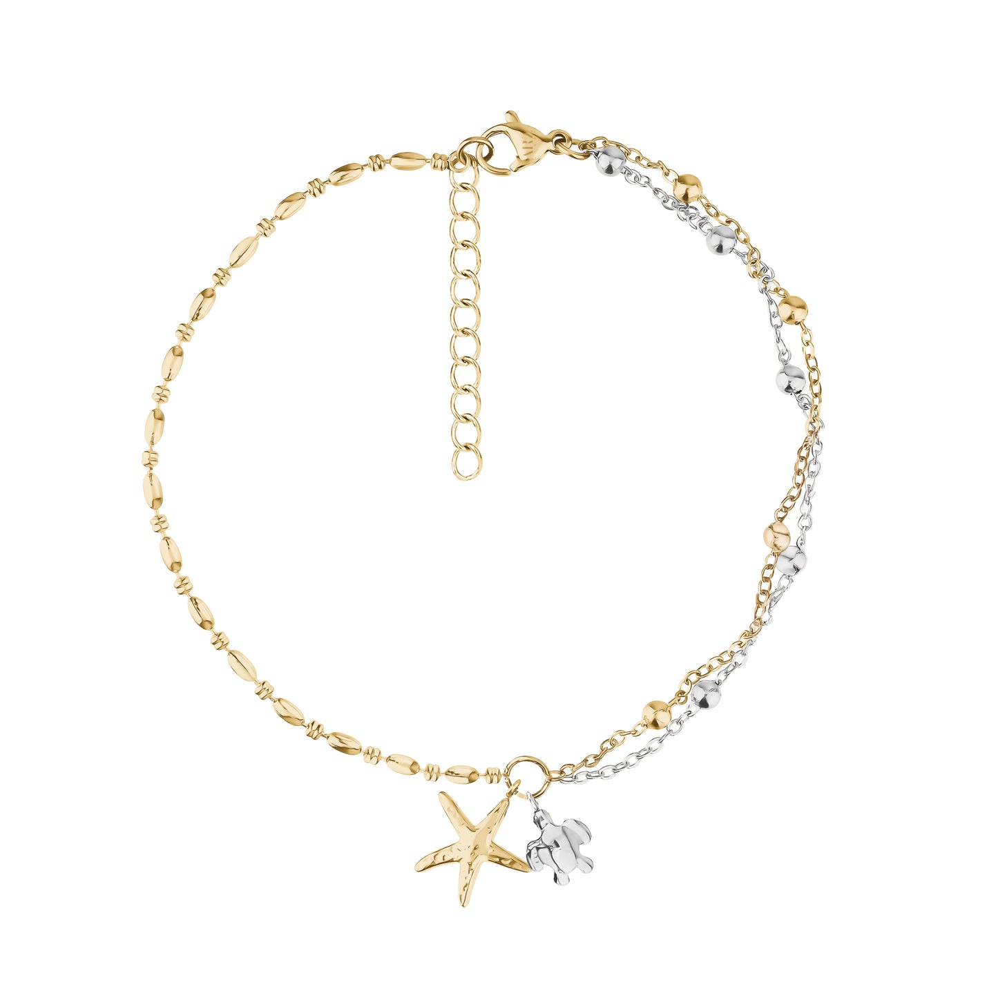 Two-tone necklace with starfish and turtle charms on gold and silver chains
