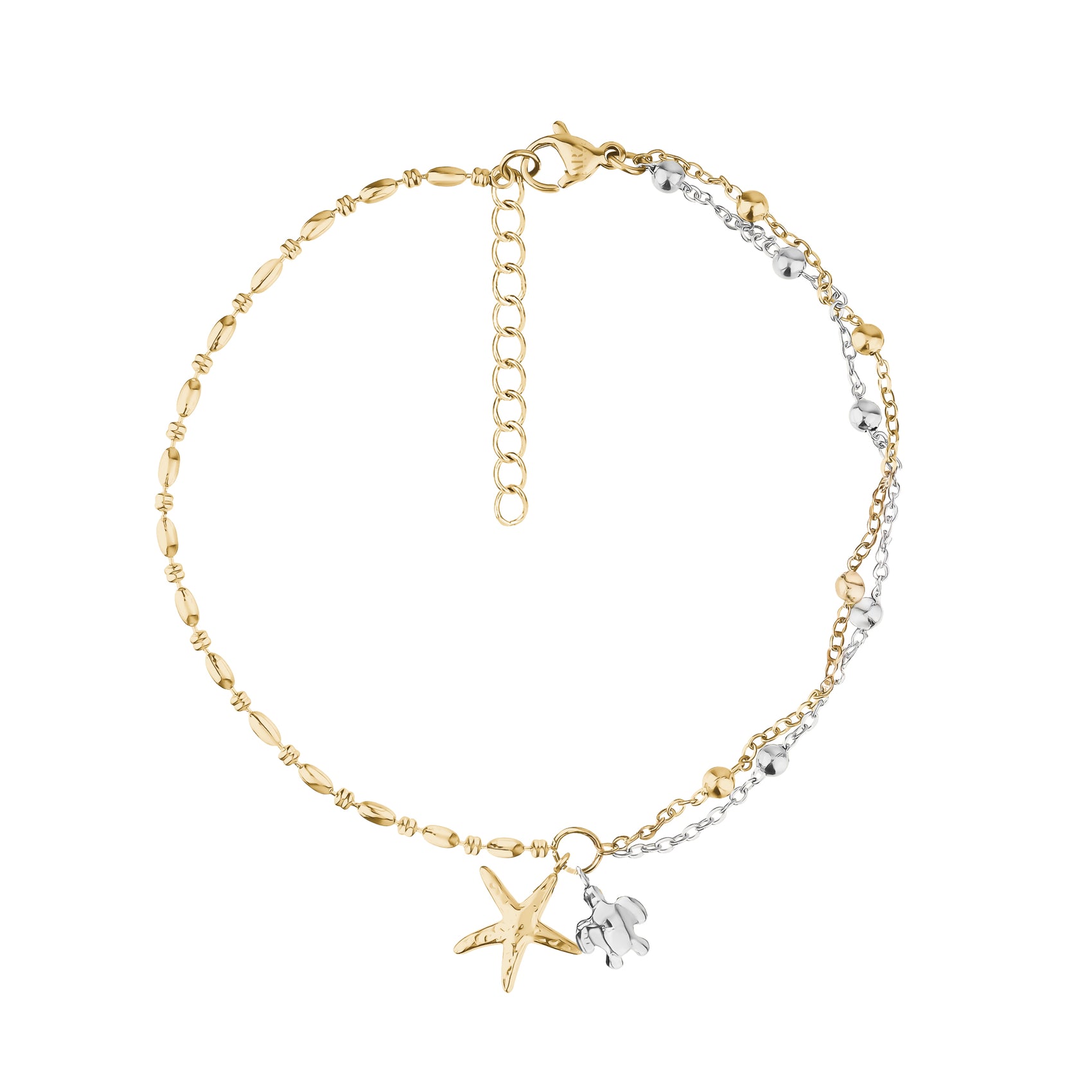 Two-tone necklace with starfish and turtle charms on gold and silver chains