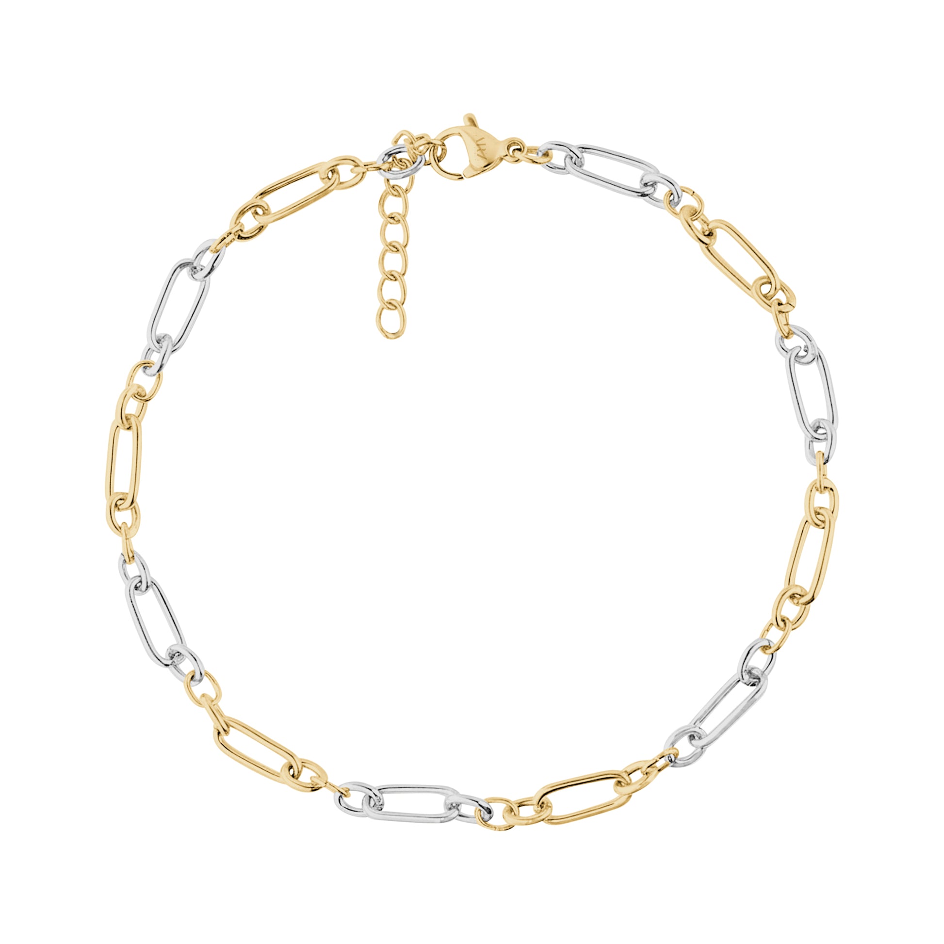 Two tone paperclip necklace with alternating gold and silver elongated links and a lobster clasp closure with adjustable extension chain