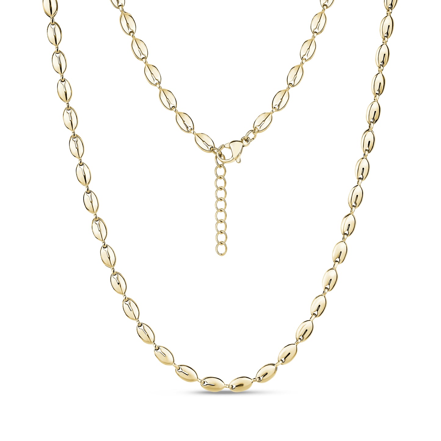 Gold polished oval link necklace with 6x4mm links and 16 inch length plus 2 inch extension