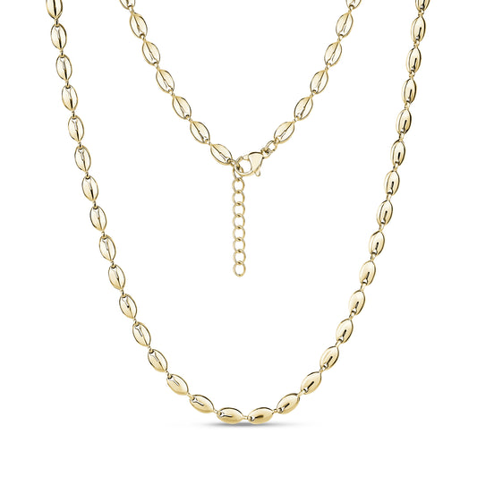 Gold polished oval link necklace with 6x4mm links and 16 inch length plus 2 inch extension