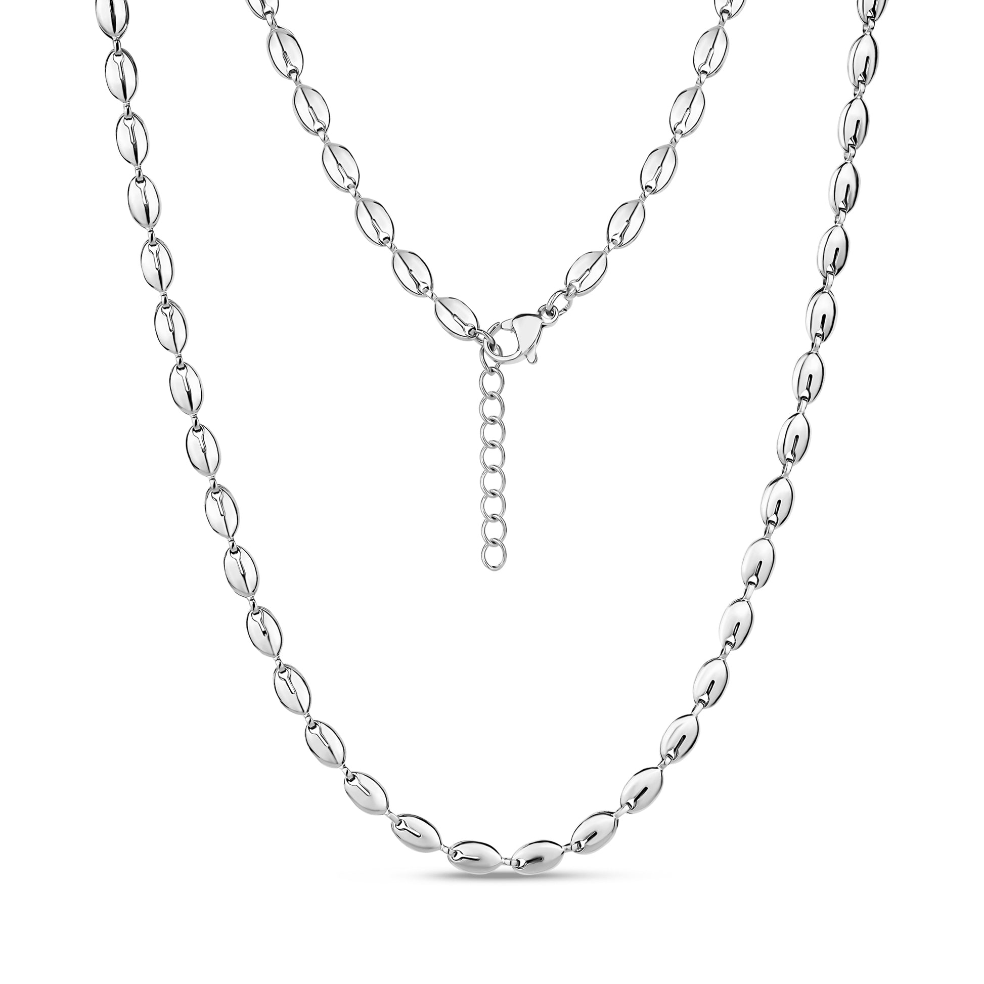 Silver polished oval link necklace with 6x4mm links and 16 inch length plus 2 inch extension