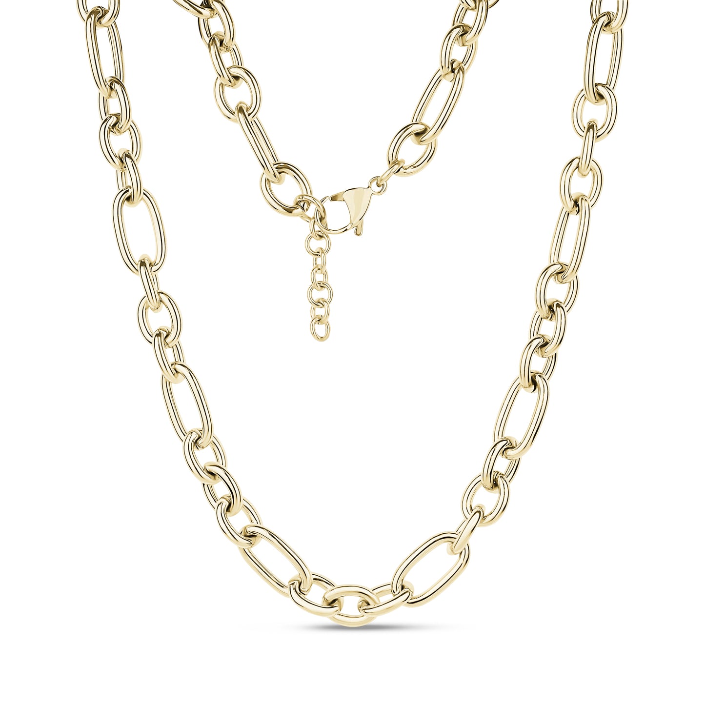 Gold-tone mixed link chain necklace with bold 9.5mm wide links and lobster clasp with extension chain