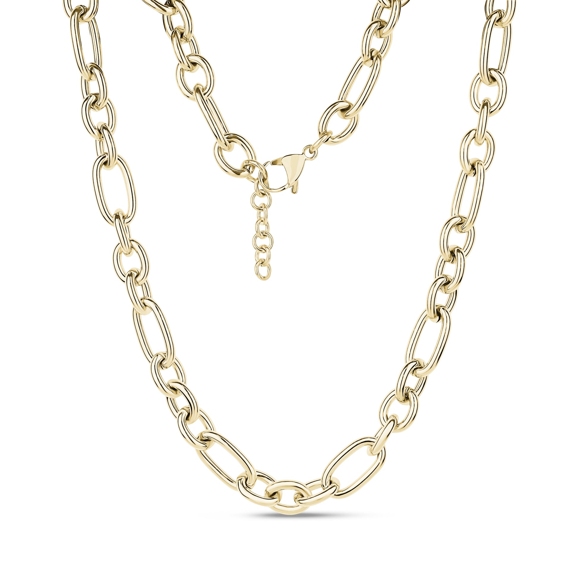 Gold-tone mixed link chain necklace with bold 9.5mm wide links and lobster clasp with extension chain