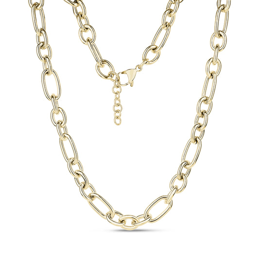 Gold-tone mixed link chain necklace with bold 9.5mm wide links and lobster clasp with extension chain