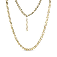 Gold sculpted link necklace with lobster clasp and adjustable extension chain on white background