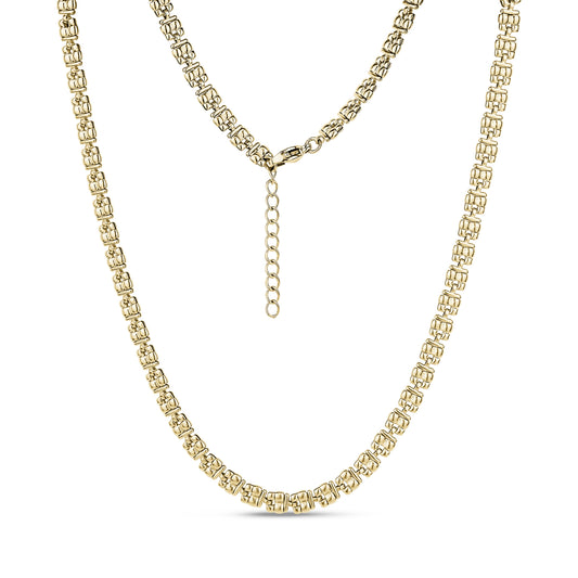 Gold sculpted link necklace with lobster clasp and adjustable extension chain on white background