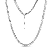 Silver sculpted link necklace with lobster clasp and adjustable extension chain on white background