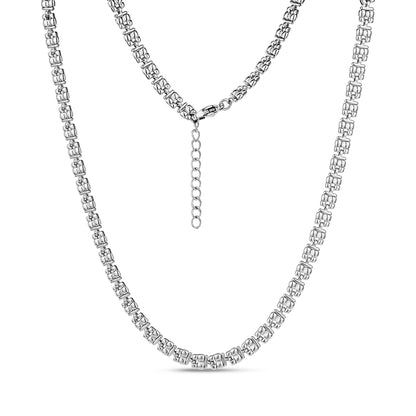 Silver sculpted link necklace with lobster clasp and adjustable extension chain on white background