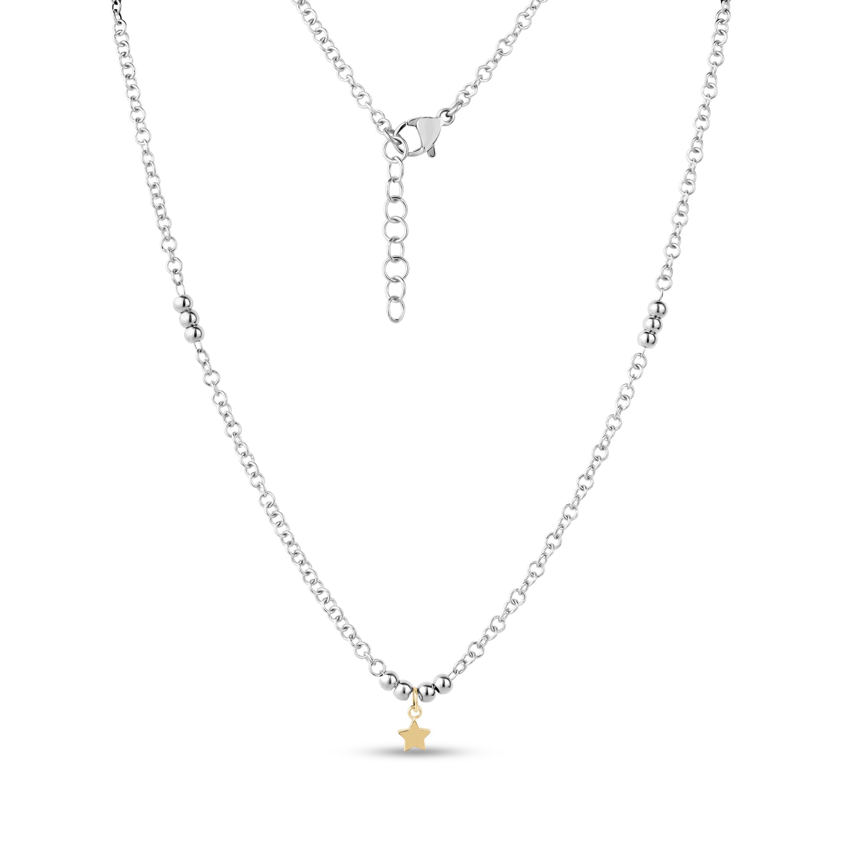 Close-up of silver beaded necklace featuring a mini gold star pendant with adjustable chain