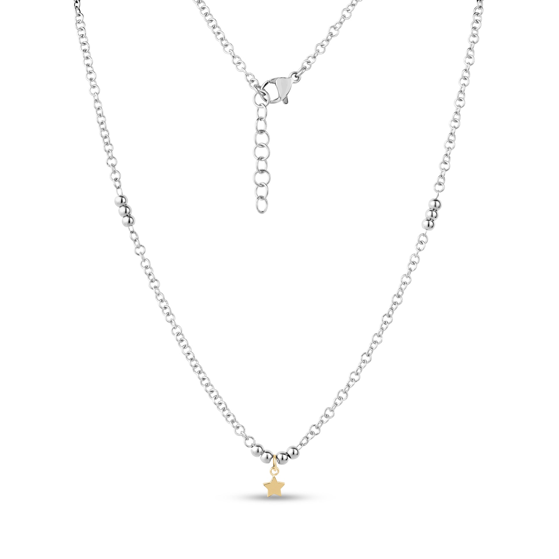 Close-up of silver beaded necklace featuring a mini gold star pendant with adjustable chain