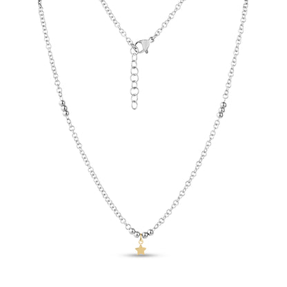 Close-up of silver beaded necklace featuring a mini gold star pendant with adjustable chain