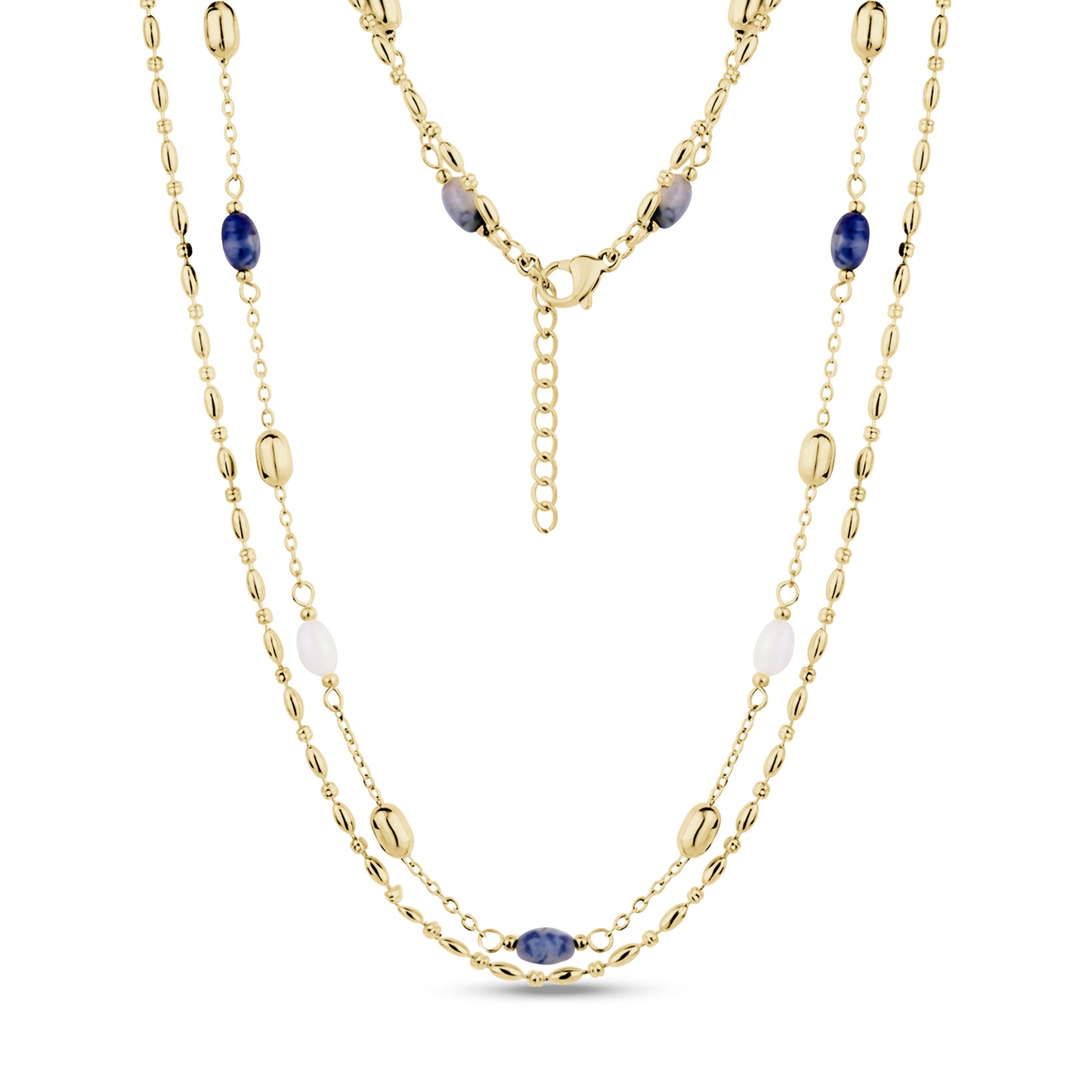 Layered gold stainless steel necklace with blue and white jade beads and adjustable clasp chain
