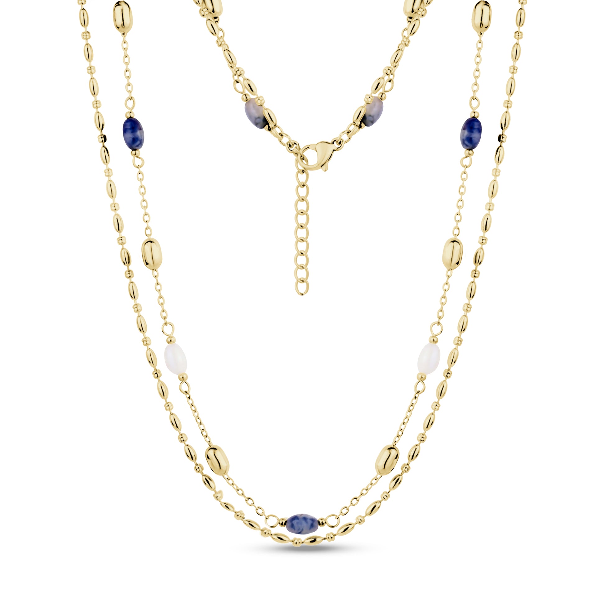 Layered gold stainless steel necklace with blue and white jade beads and adjustable clasp chain