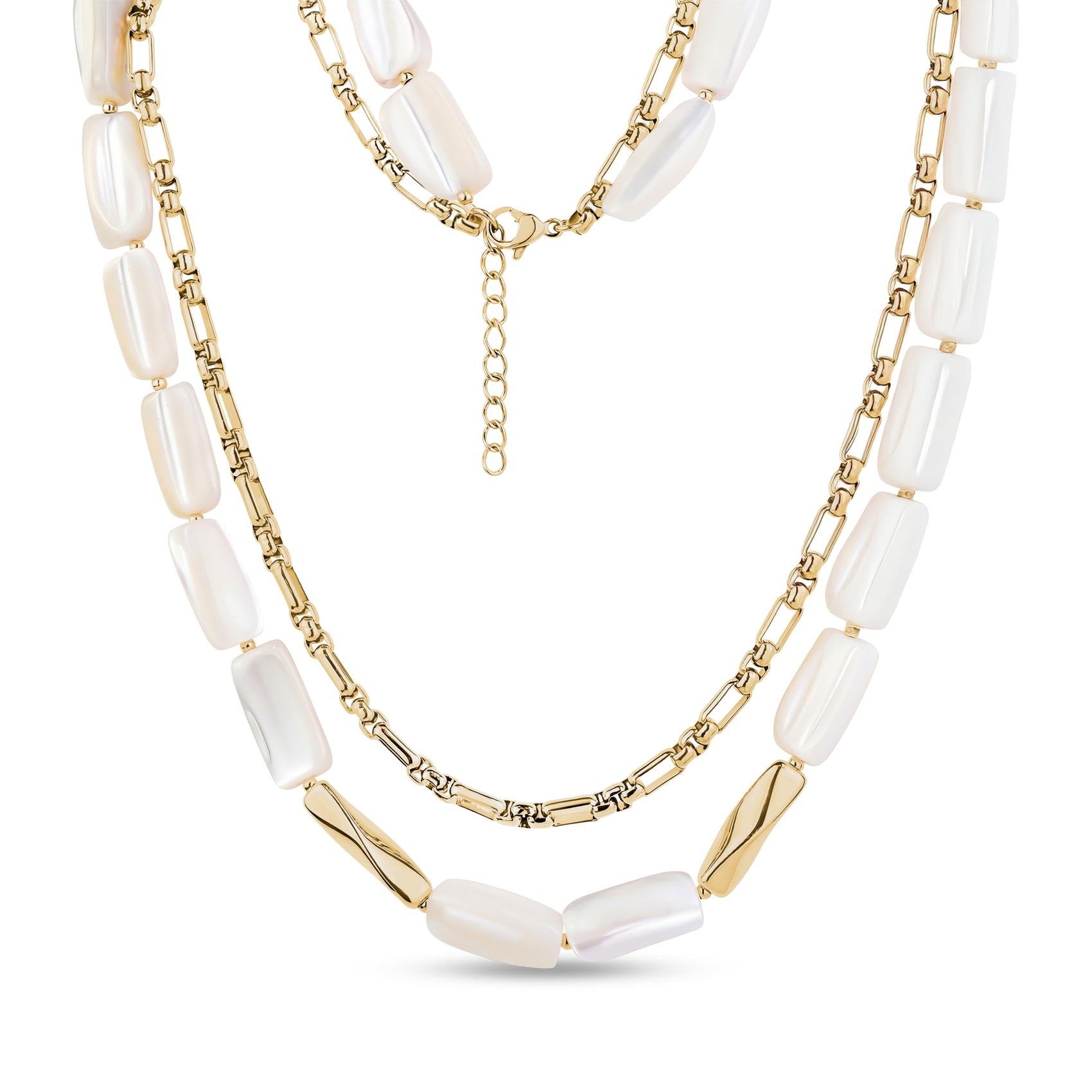 Double layered women's necklace featuring mother of pearl bar links and gold link chain with clasp and extension chain