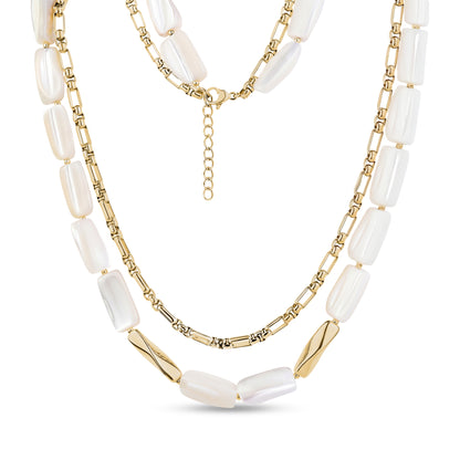 Double layered women's necklace featuring mother of pearl bar links and gold link chain with clasp and extension chain