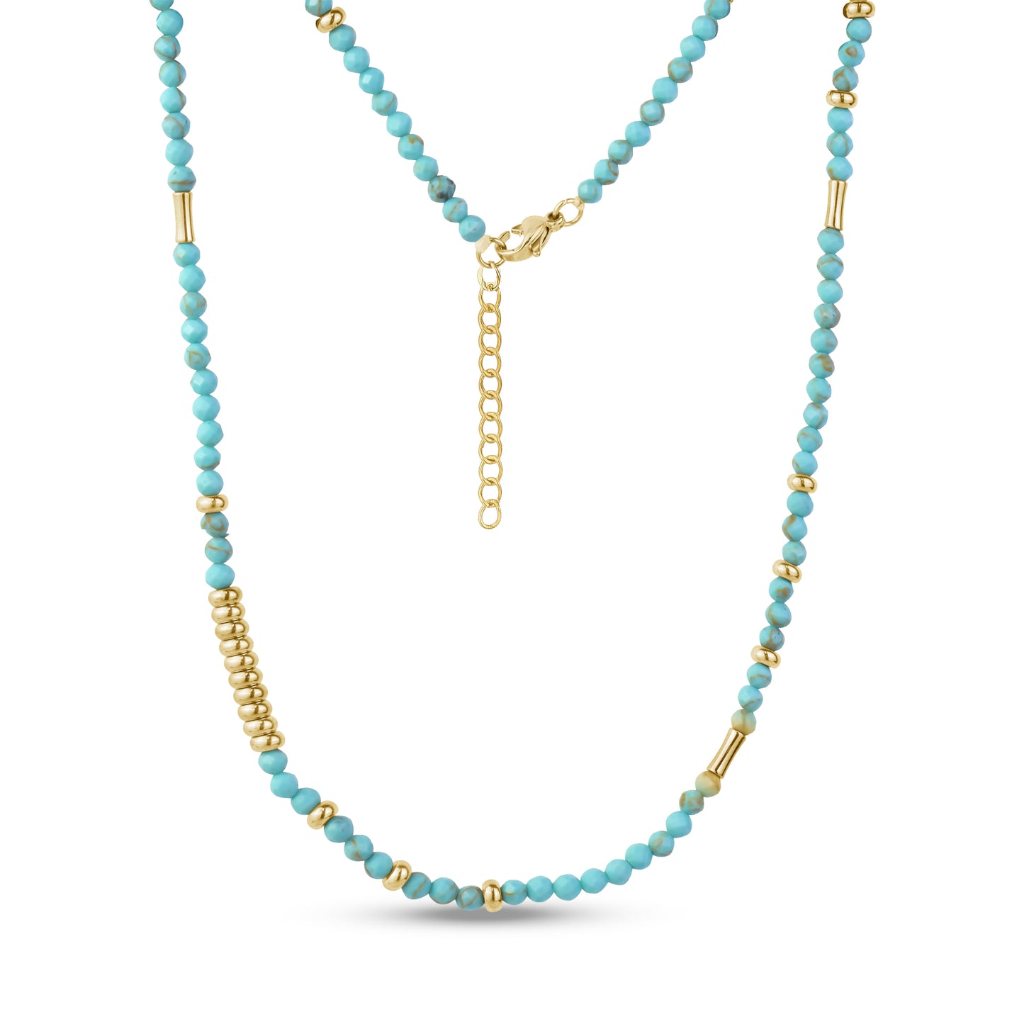 Gold and turquoise beaded necklace with faceted glass beads and gold-tone accents, displayed with lobster clasp and adjustable extension chain