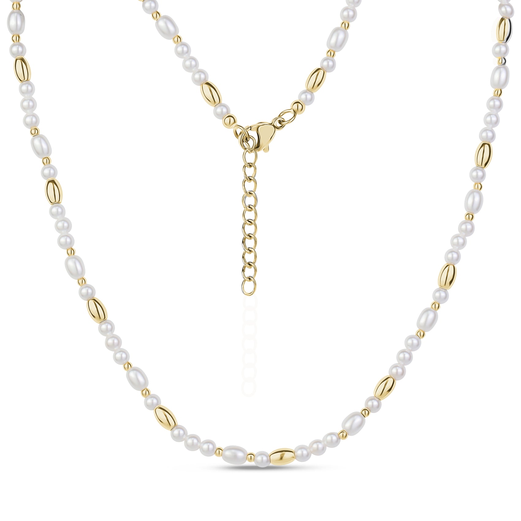 Close-up of shell pearl necklace with gold stainless steel beads and lobster clasp with extension chain