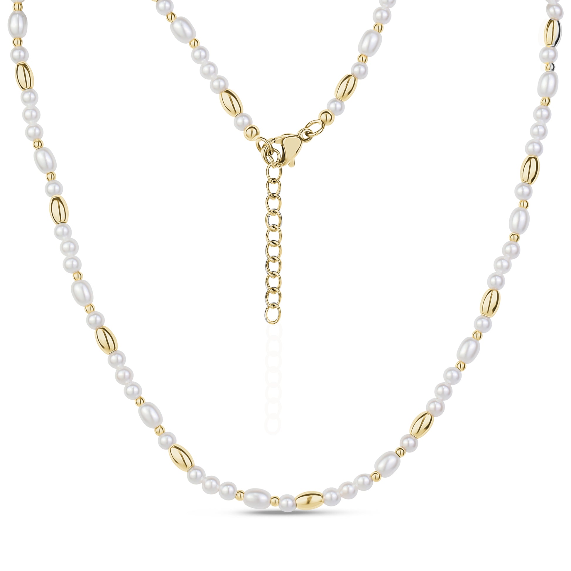 Close-up of shell pearl necklace with gold stainless steel beads and lobster clasp with extension chain