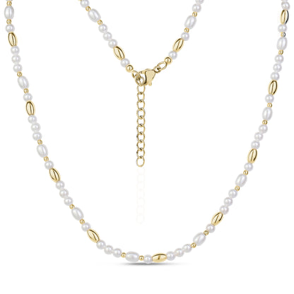 Close-up of shell pearl necklace with gold stainless steel beads and lobster clasp with extension chain