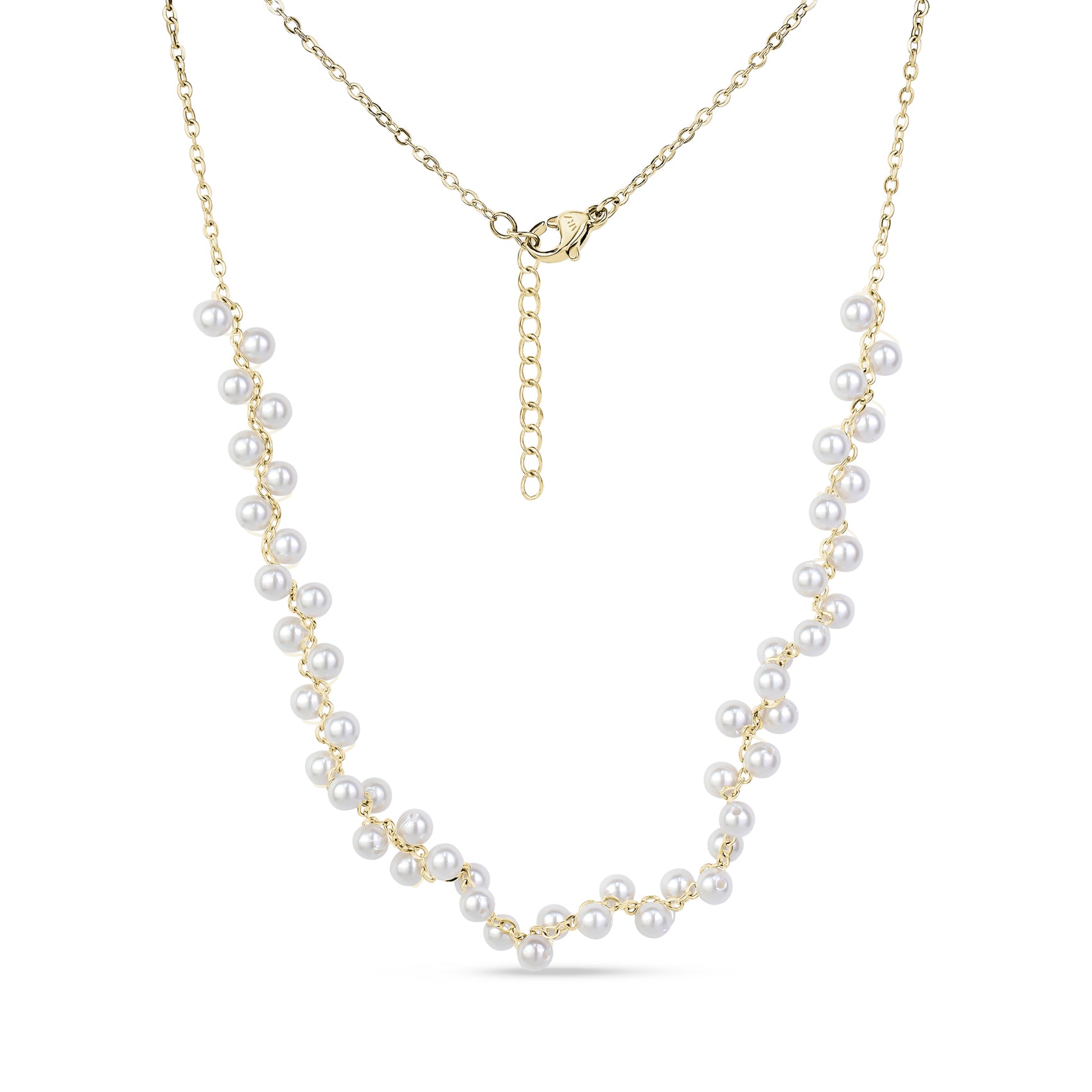 Gold-tone floating pearl chain necklace with 4mm shell pearls on a delicate stainless steel chain, featuring a lobster clasp and adjustable extension.