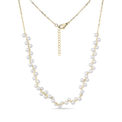 Gold-tone floating pearl chain necklace with 4mm shell pearls on a delicate stainless steel chain, featuring a lobster clasp and adjustable extension.