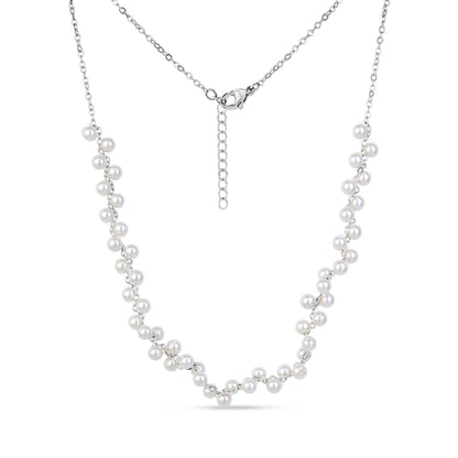 Silver-tone floating pearl chain necklace with 4mm shell pearls on a delicate stainless steel chain, featuring a lobster clasp and adjustable extension.
