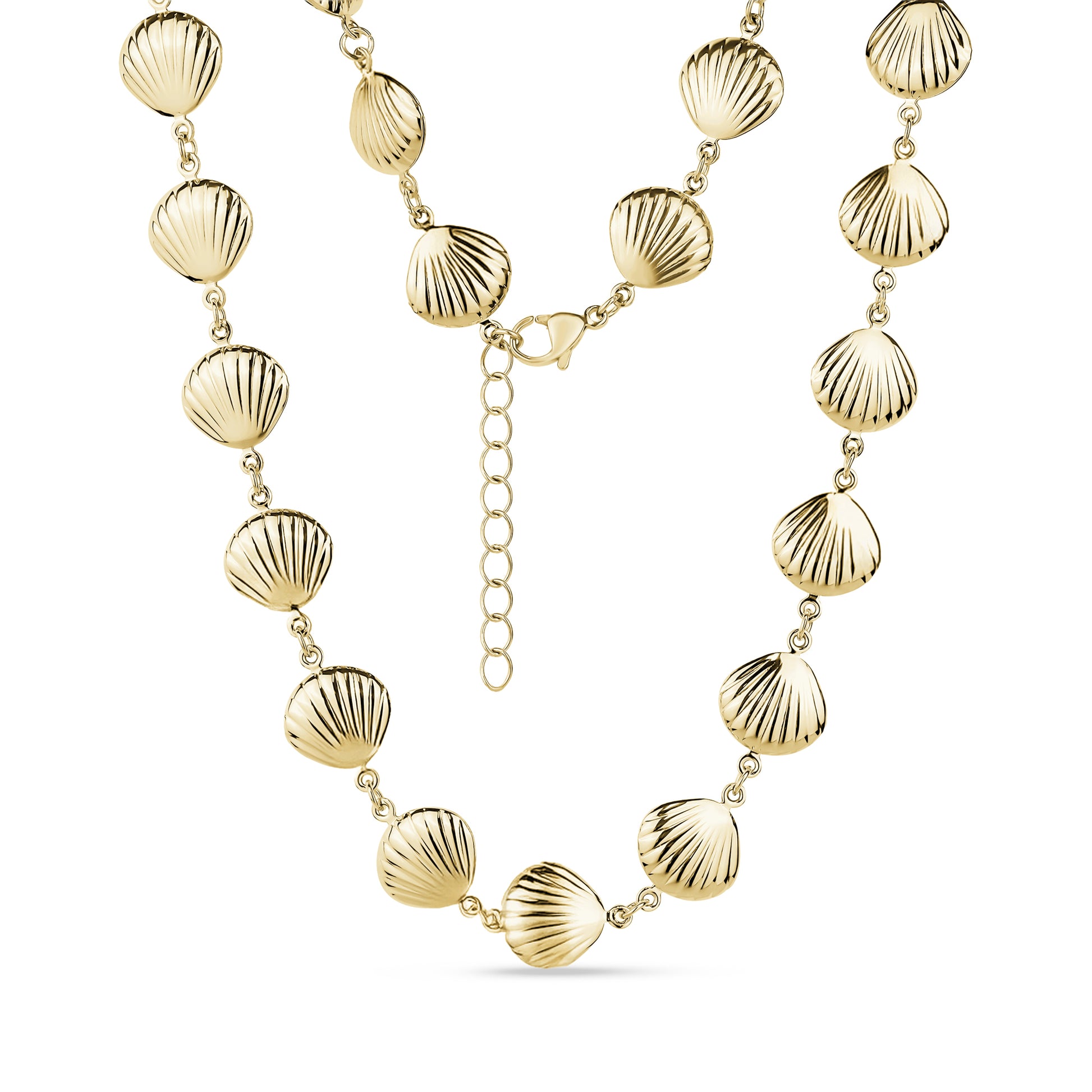 Gold-toned seashell charm link necklace with lobster clasp and extension chain