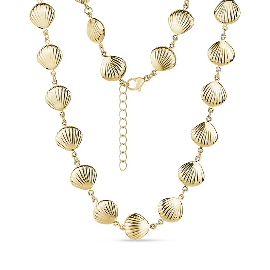 Gold-toned seashell charm link necklace with lobster clasp and extension chain