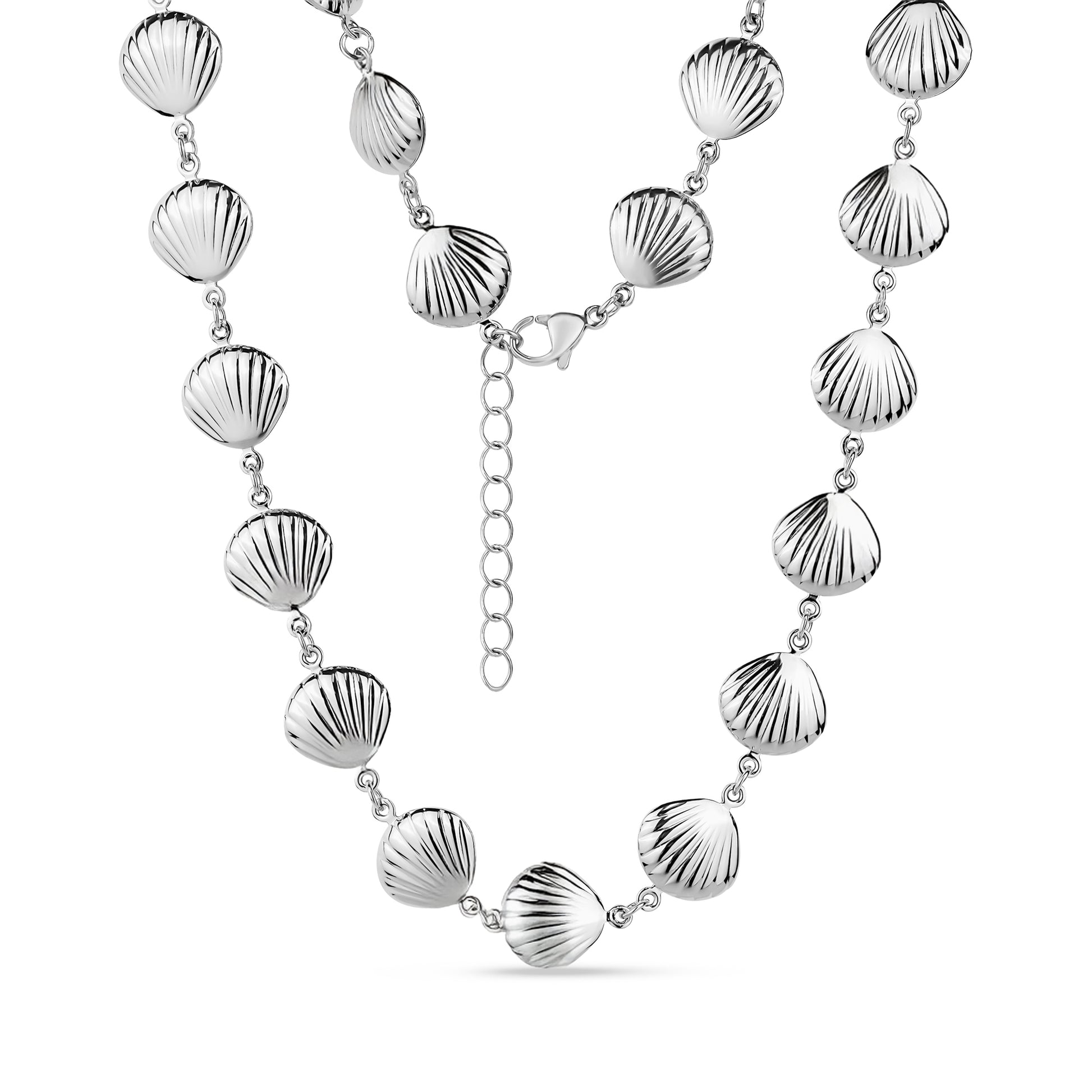 Silver-toned seashell charm link necklace with lobster clasp and extension chain