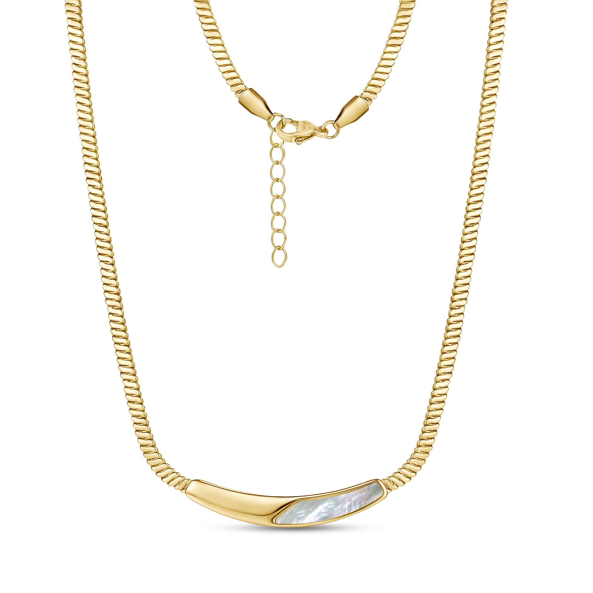 Gold-tone mother of pearl curved bar necklace with 16-inch chain and 2-inch extension