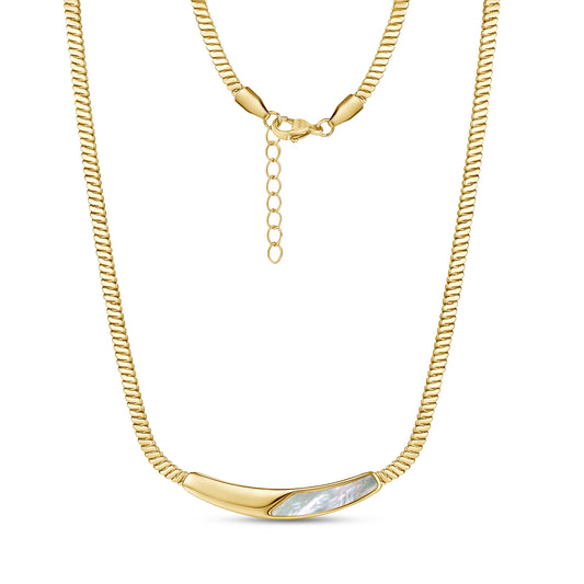 Gold-tone mother of pearl curved bar necklace with 16-inch chain and 2-inch extension