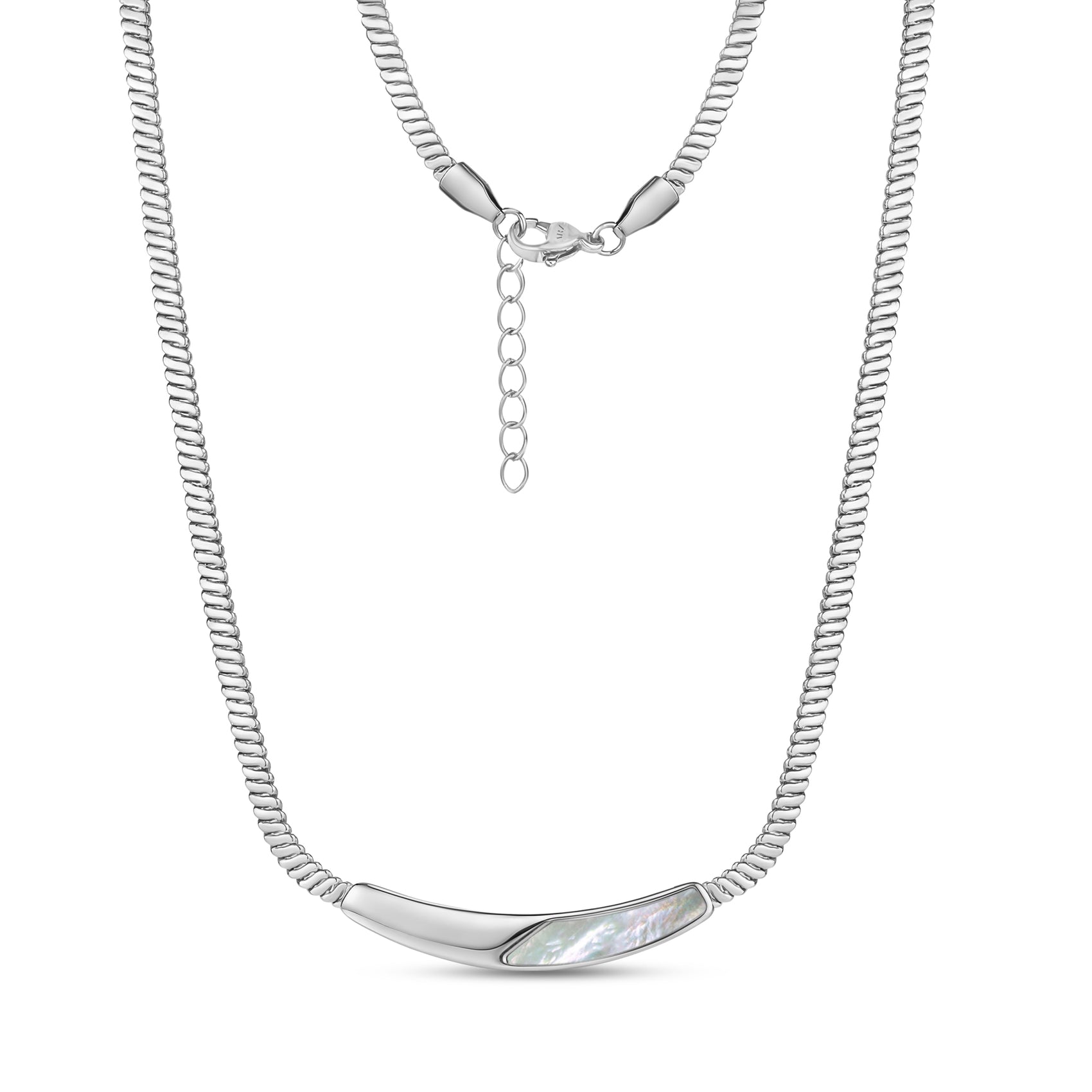 Silver mother of pearl curved bar necklace with 16-inch chain and 2-inch extension
