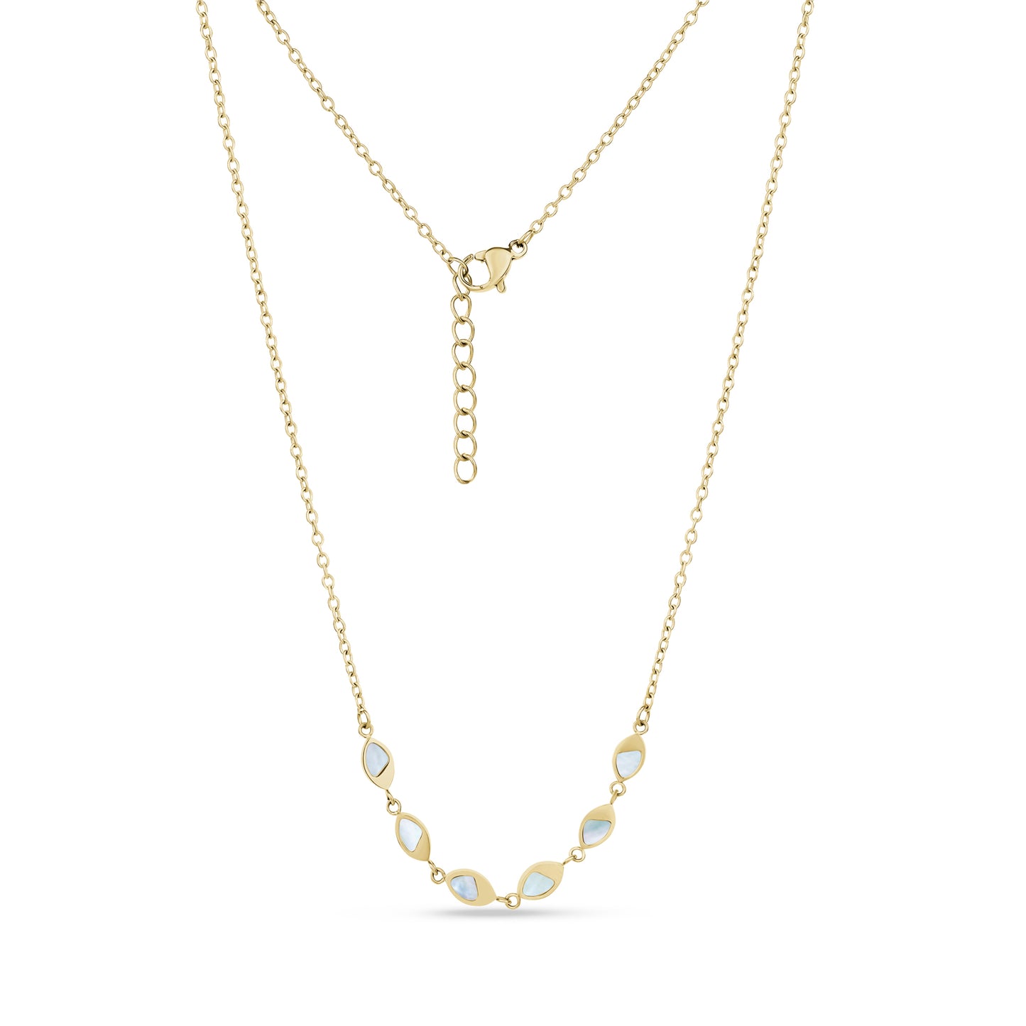 Gold marquise mother of pearl necklace with 16-inch chain and 2-inch extension