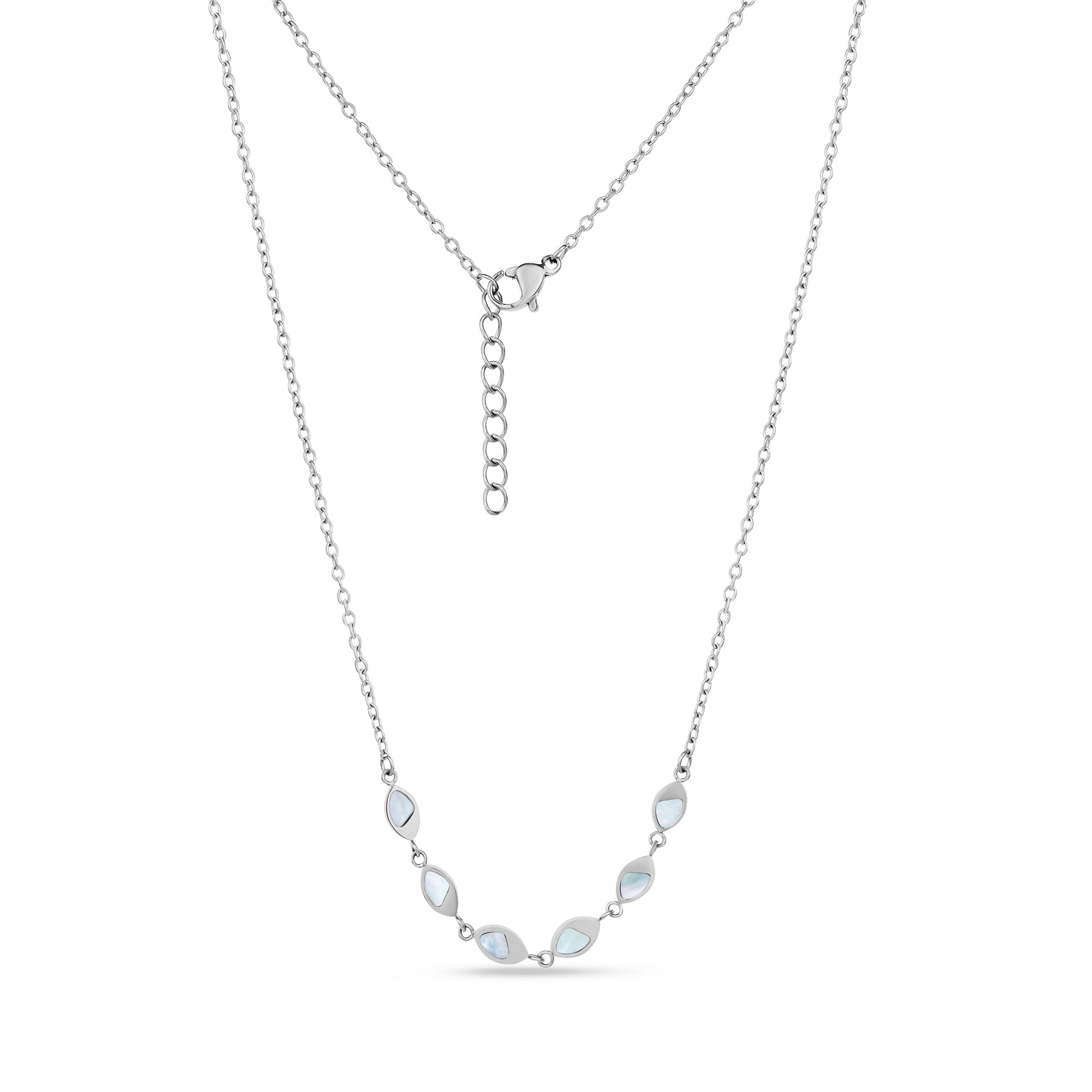 Silver marquise mother of pearl necklace with 16-inch chain and 2-inch extension