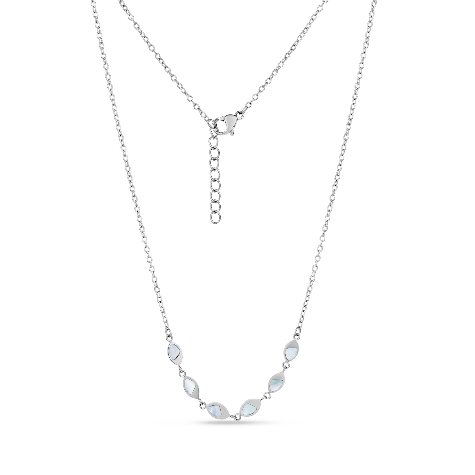 Silver marquise mother of pearl necklace with 16-inch chain and 2-inch extension