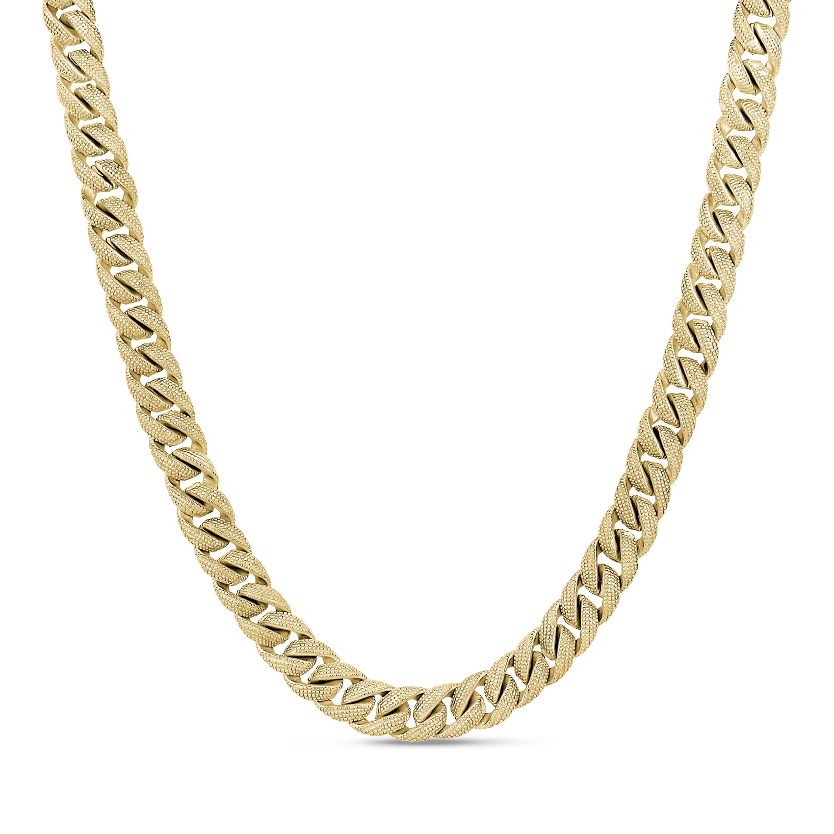 Close-up of textured stainless steel Cuban link necklace in gold color with lobster clasp