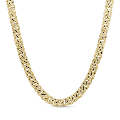 Close-up of textured stainless steel Cuban link necklace in gold color with lobster clasp