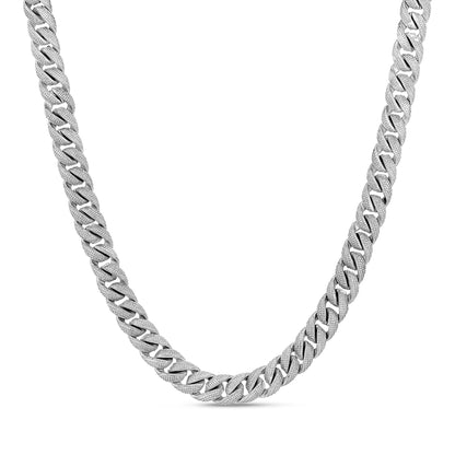 Close-up of textured stainless steel Cuban link necklace in silver color with lobster clasp