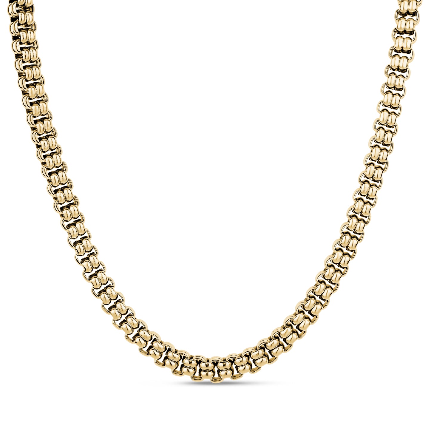 Polished block link necklace in gold stainless steel with 7mm width and 16 inch length plus 2 inch extension