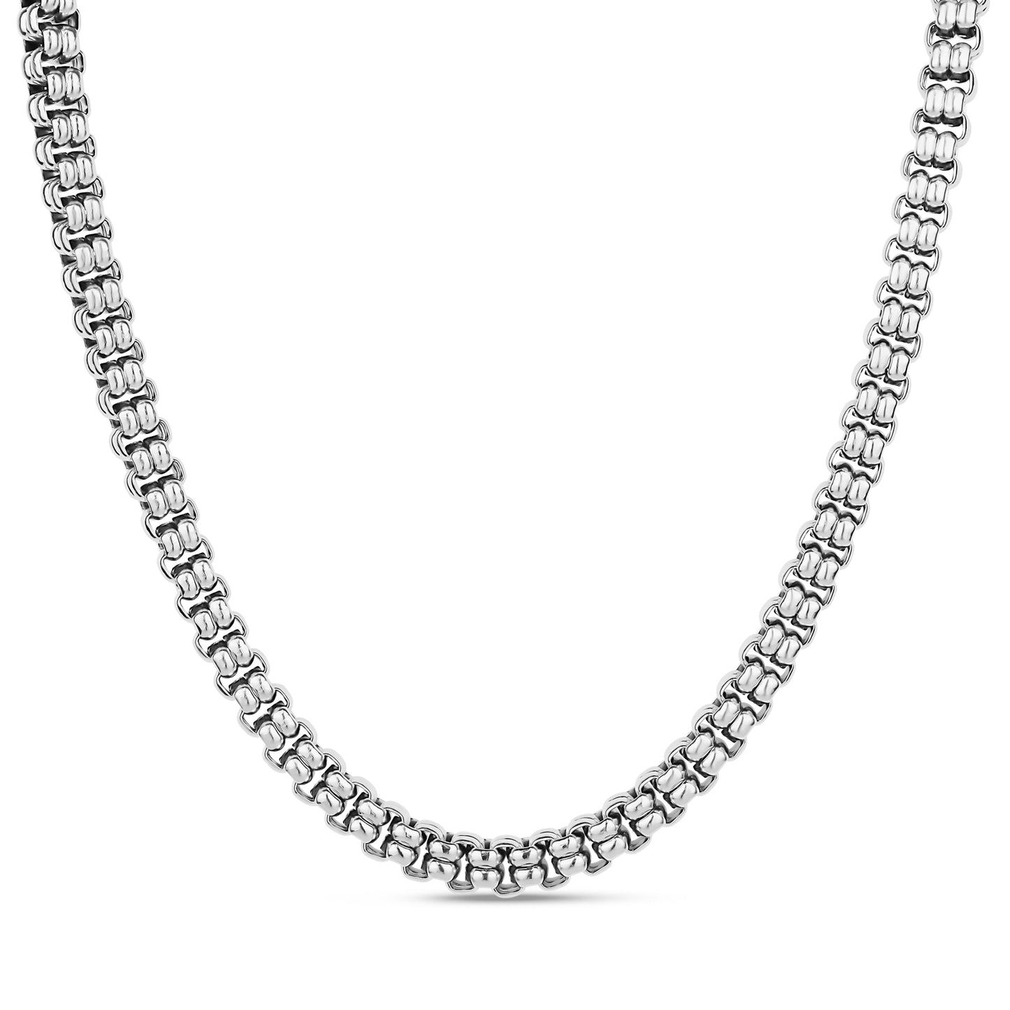 Polished block link necklace in silver stainless steel with 7mm width and 16 inch length plus 2 inch extension