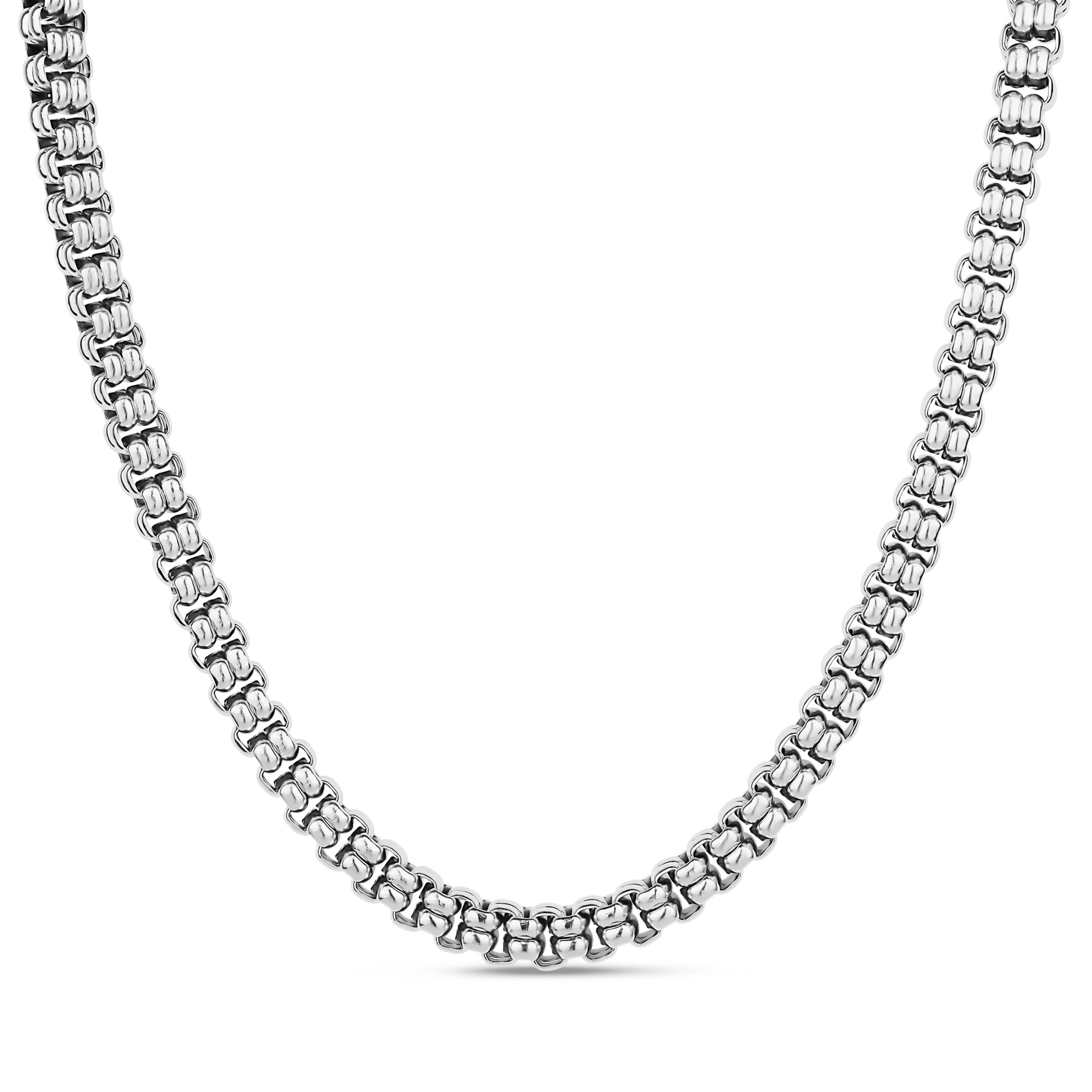 Polished block link necklace in silver stainless steel with 7mm width and 16 inch length plus 2 inch extension