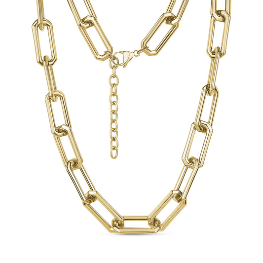 Gold bold elongated rectangular link necklace with lobster clasp and adjustable extension