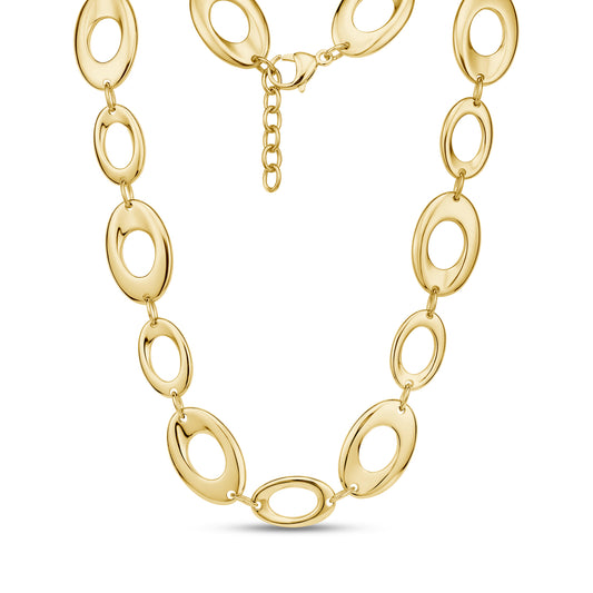 Close-up of polished gold stainless steel bold oval link statement necklace with lobster clasp and extension chain