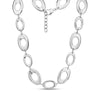 Close-up of polished silver stainless steel bold oval link statement necklace with lobster clasp and extension chain